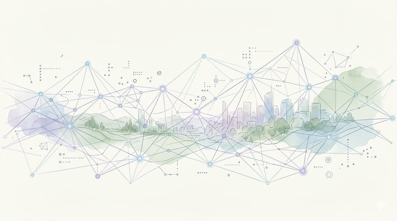 Ennovera AI engineering — networked data flows across a cityscape, illustrated in soft watercolor