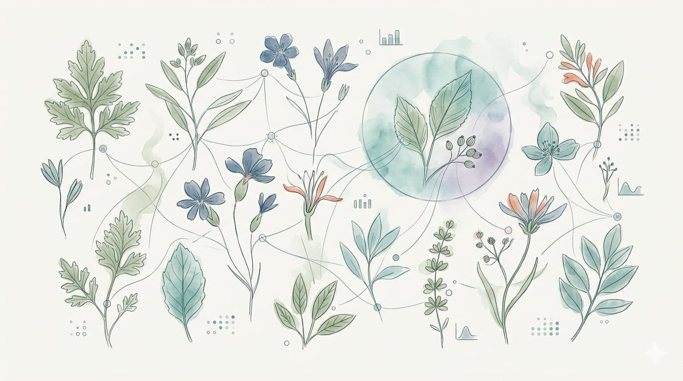 Botanical specimens with magnifying lens in soft watercolor — HerboScan plant identification AI