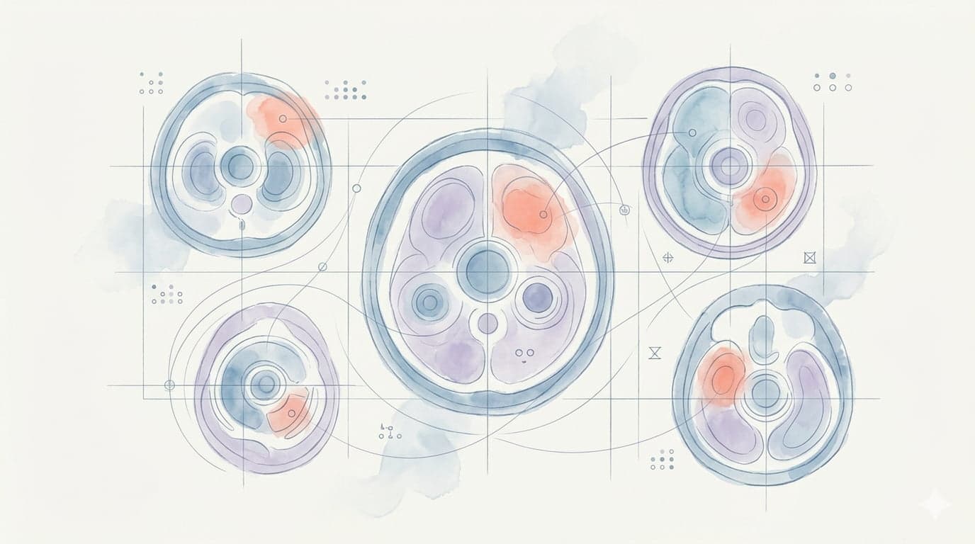 Abstract cross-sectional medical scans with diagnostic regions — NeuralDx medical imaging AI