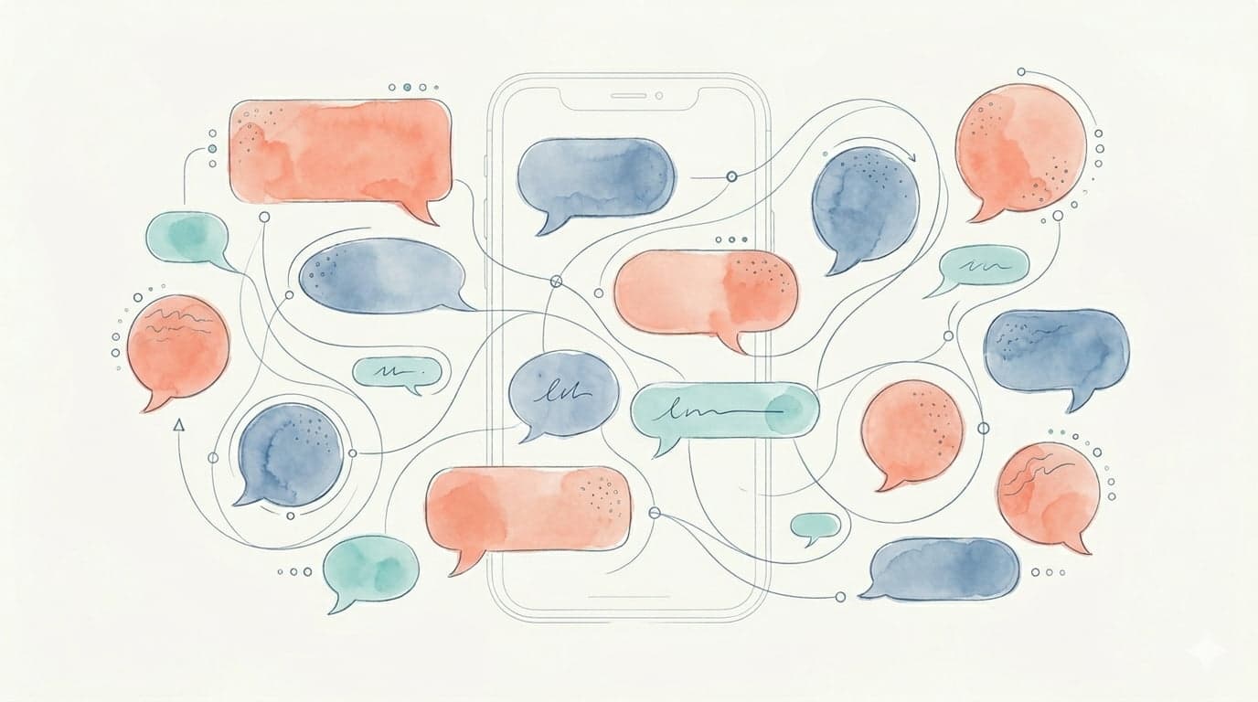 Soft watercolor speech bubbles around a smartphone — retail conversational AI