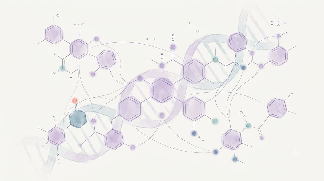 Abstract molecular structures and DNA helix in soft watercolor — AI drug discovery pipeline visualization