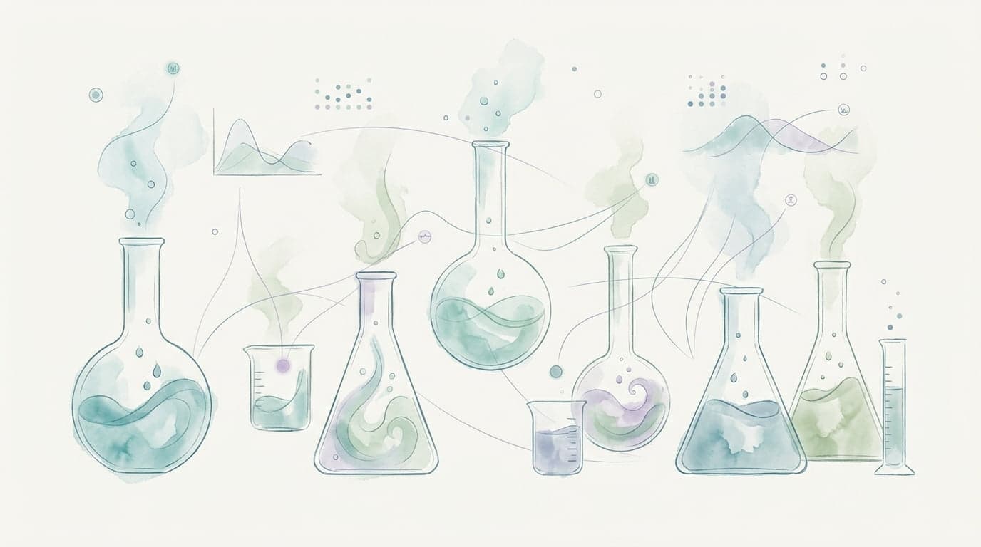 Soft watercolor illustration of scientific glassware and chemical analysis — pharmaceutical formulation AI